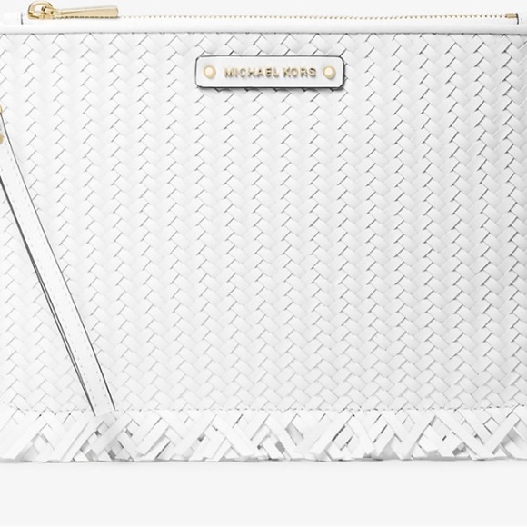 Michael Kors Handbags - Michael Kors Jet Set Woven Leather Large Zip Pouch Clutch Wristlet in white